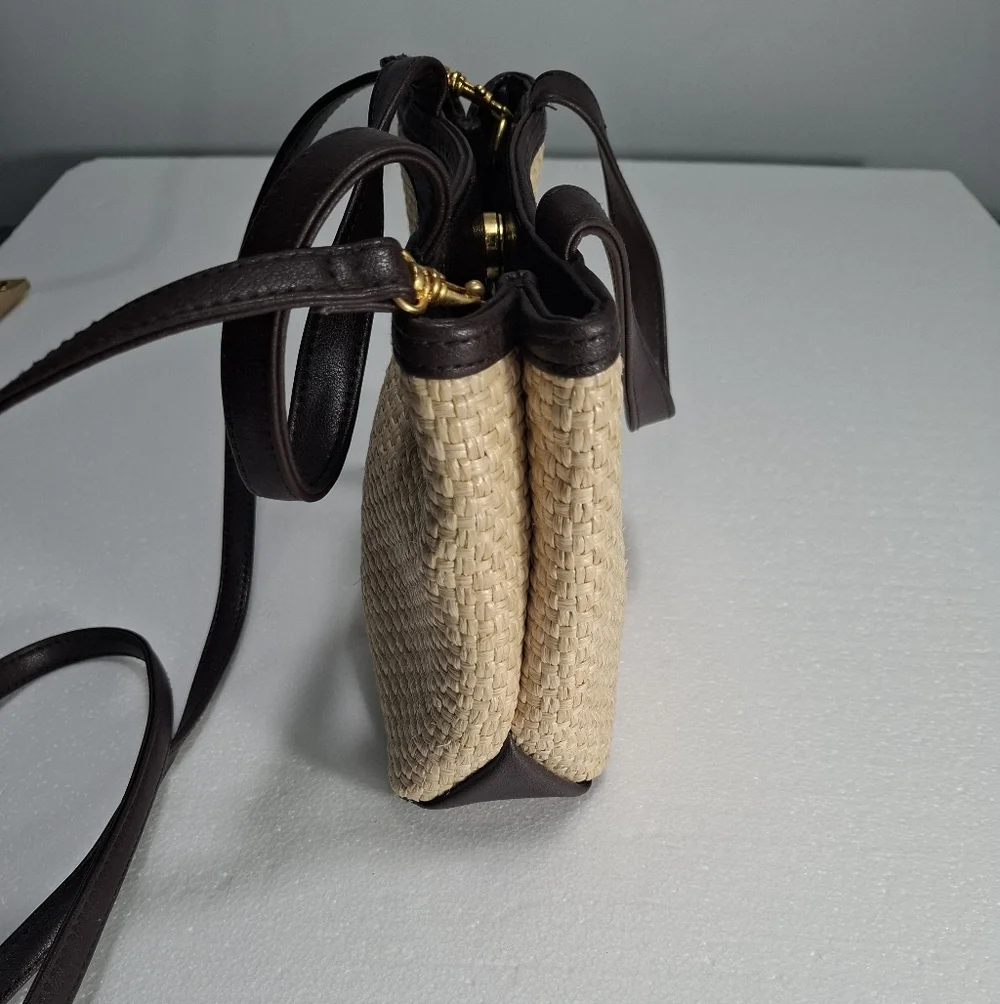 Etienne Aigner Woven Purse Handbag Shoulder Bag With Matching Mirror Tan Brown